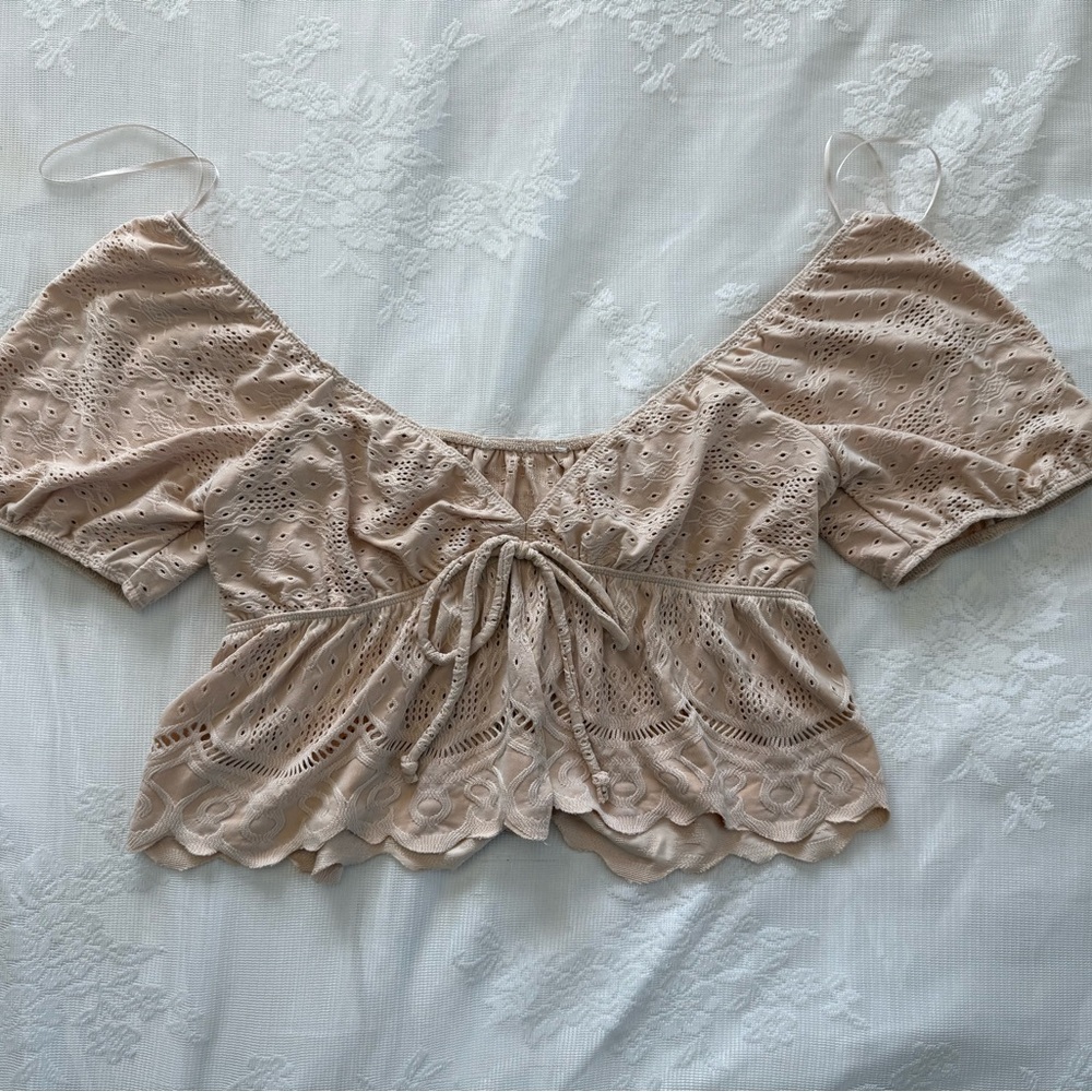 Elegant Beige Eyelet Off-Shoulder Top